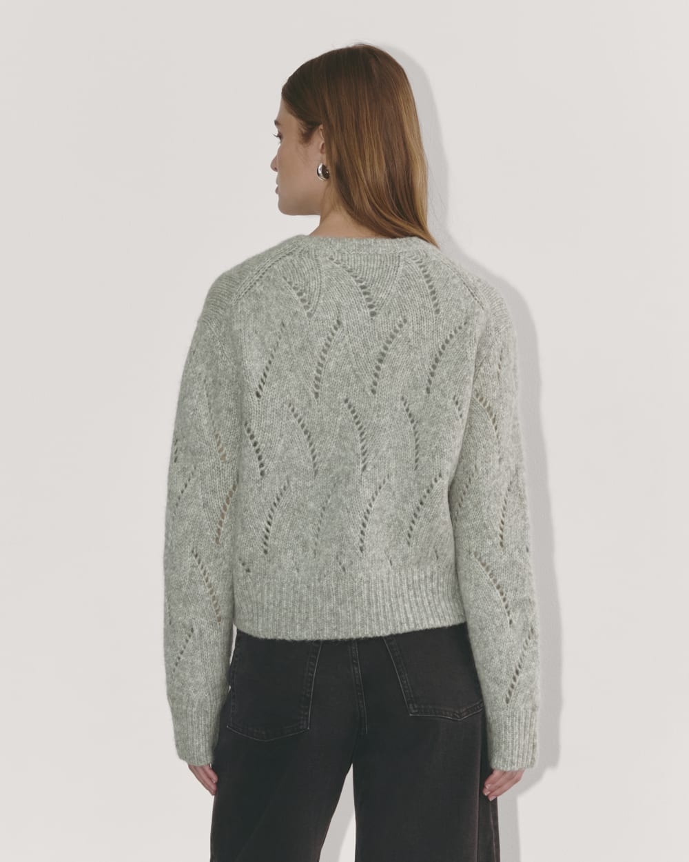 The Pointelle Cardigan in Cloud in Heather Grey — detail view