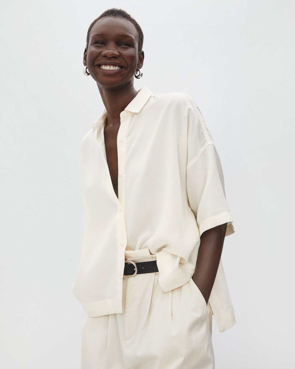 The Drapey Square Shirt in Bone — detail view