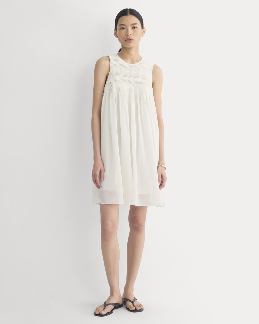 Twisted Pleated Mini Dress in Silk Georgette in Bone — detail view