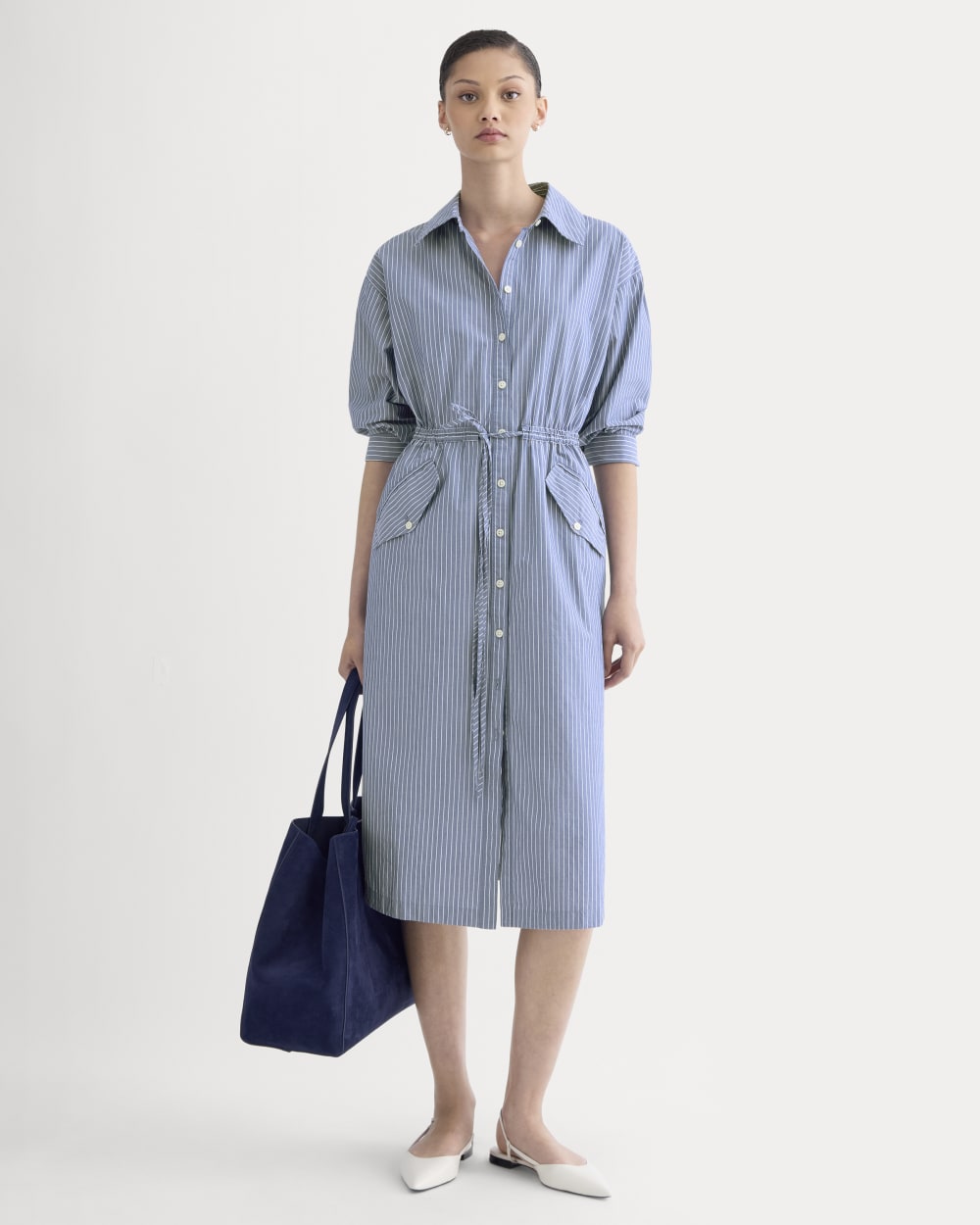 The Drawcord Shirtdress in Ultrasoft Cotton in Mazarine Blue / Optic White — front view