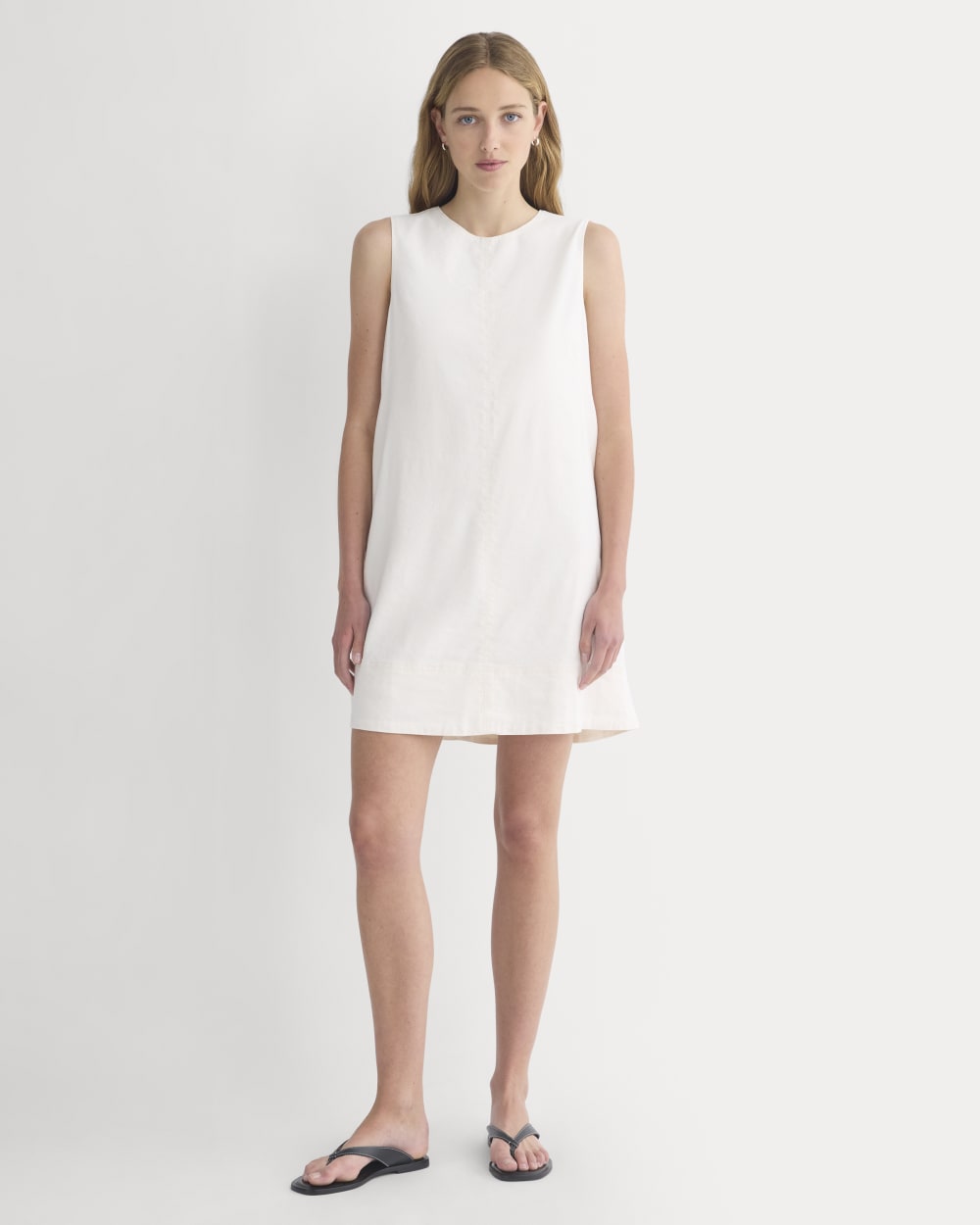 The Shift Dress in Stretch Linen in Bone — detail view
