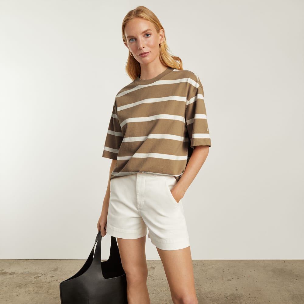 The Premium Weight Relaxed Tee in Iced Coffee / Tan — detail view