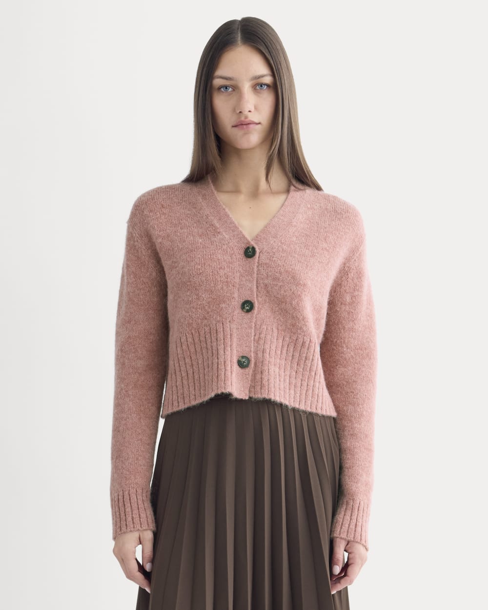 High V Cropped Cardigan in Alpaca in Heather Ash Rose — detail view