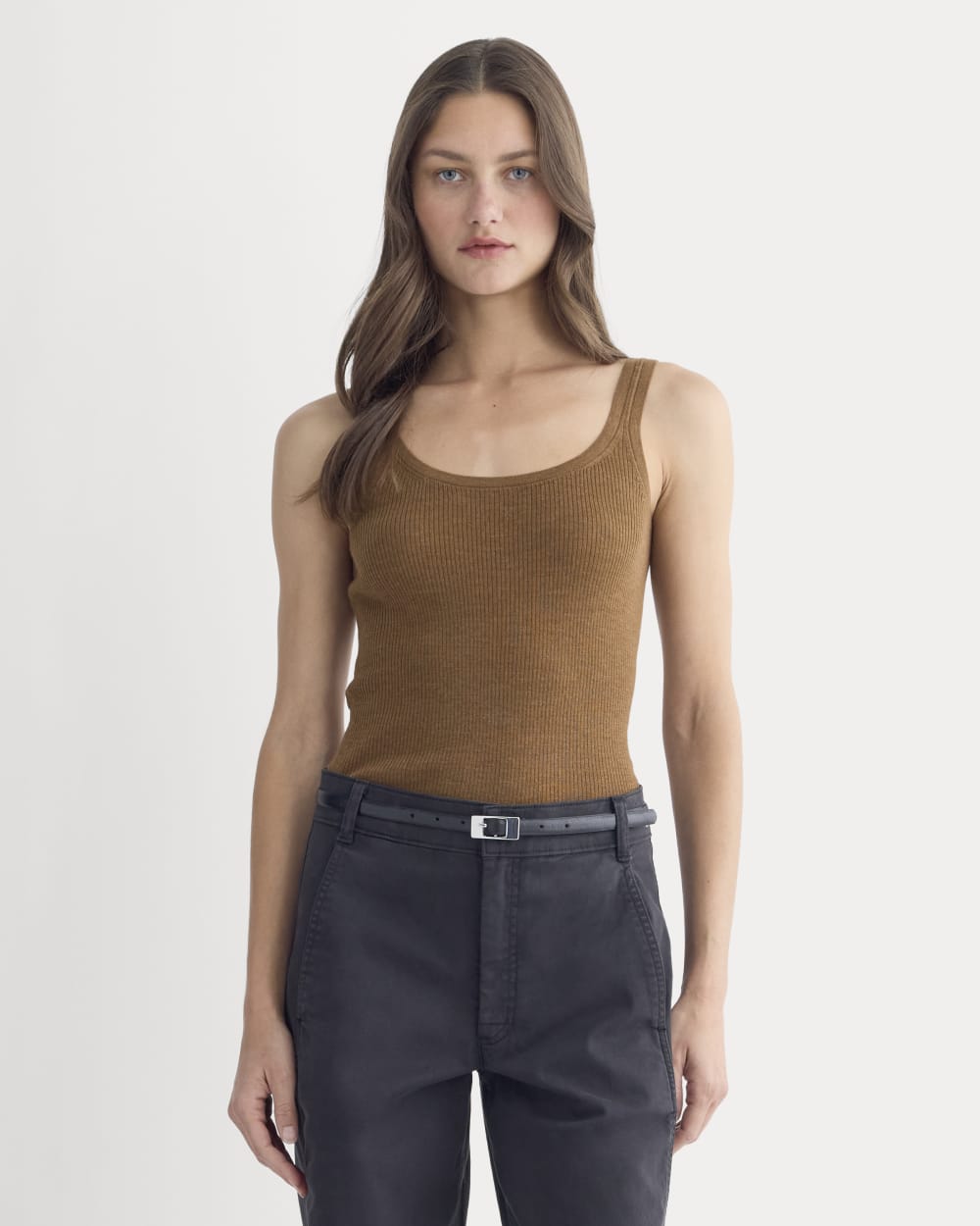 The Light Ribbed Cami in Ultrasoft Merino in Heathered Toffee — front view