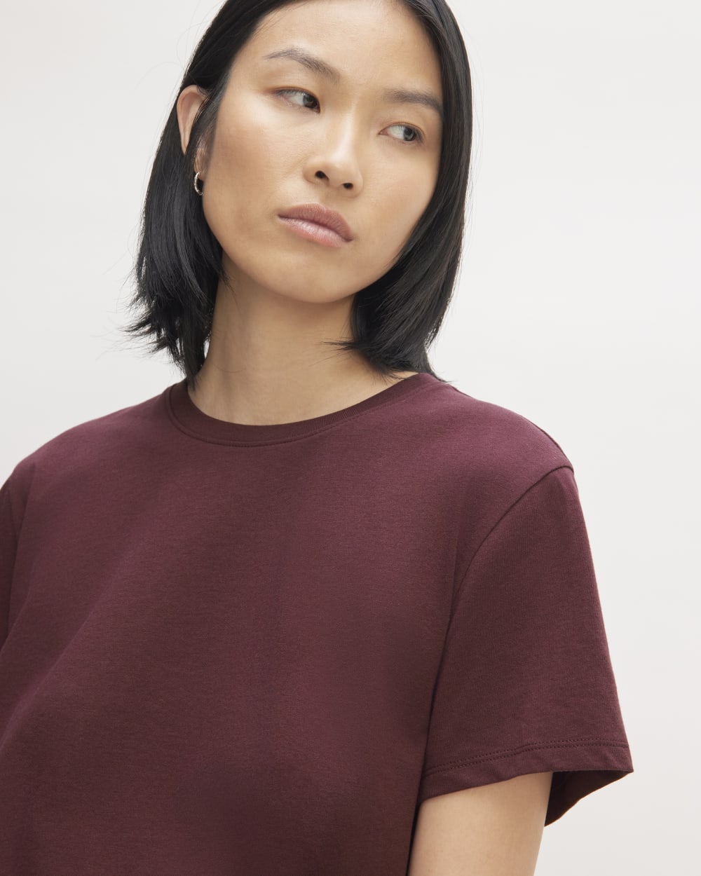 The Box-Cut Tee in Essential Cotton in Burgundy — detail view