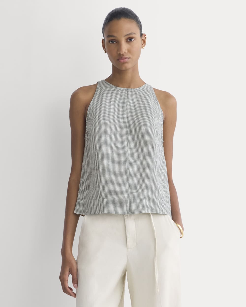 The Linen High-Neck Tank in Agave Green — detail view