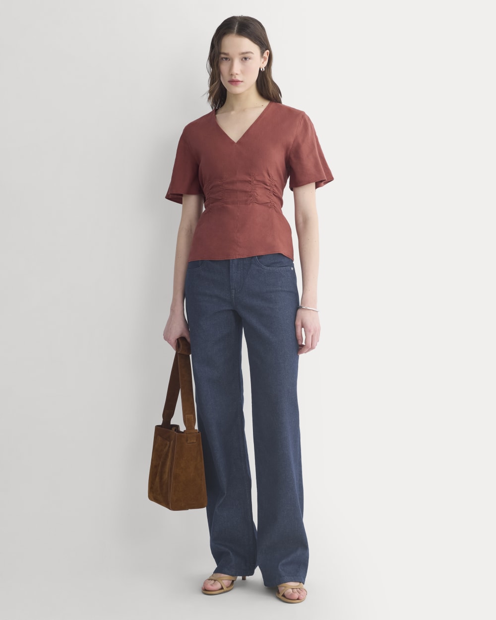 Cinched Top in Stretch Linen in Henna Red — detail view