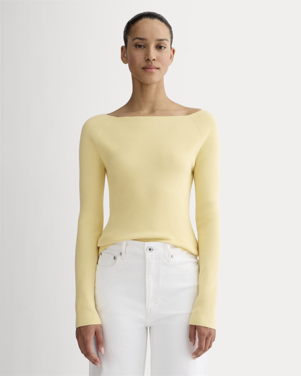 The Knit Boatneck Top in Banana Crepe — front view