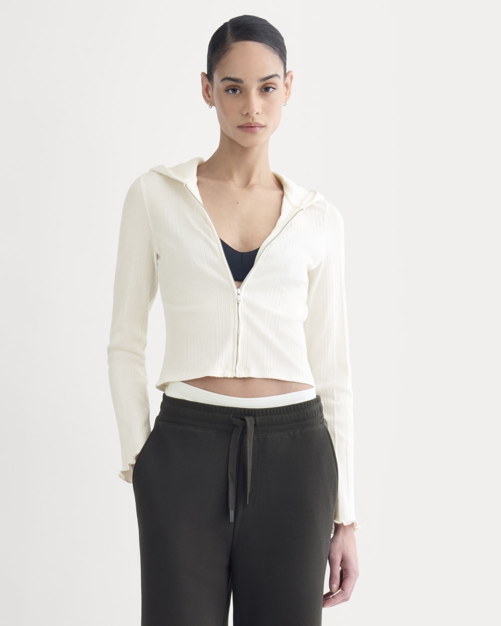 Lounge Rib Hoodie in Bone — front view