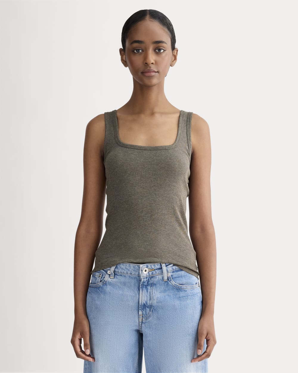 The Luxe Rib Square-Neck Tank in Heathered Fatigue — front view
