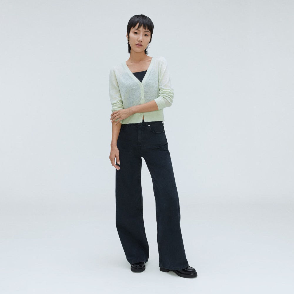 The Featherweight Alpaca Cardigan in Seafoam Green — detail view