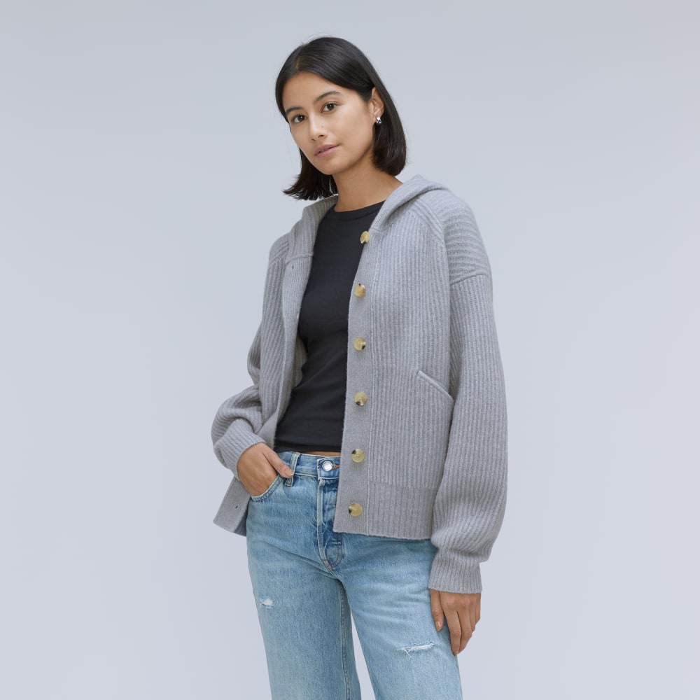 The Cozy-Stretch Hooded Cardigan in Smoke — front view