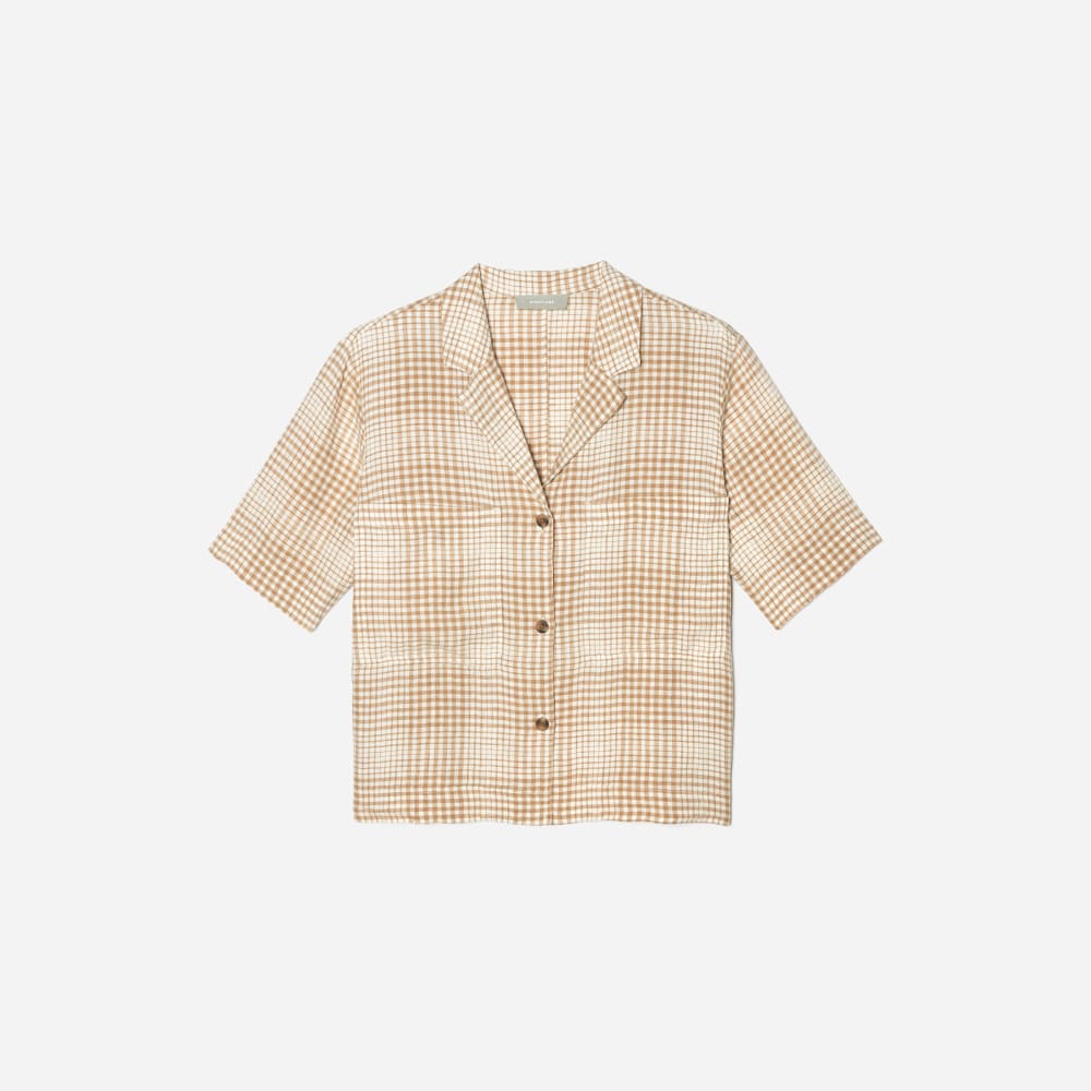 The Linen Workwear Shirt in Iced Coffee Grid — front view