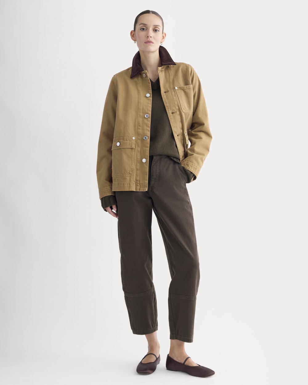 The Utility Barrel Pant in Dark Chocolate — front view
