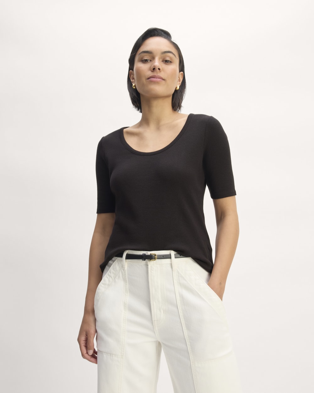 The Vintage Rib Scoop-Neck Top in Black — front view