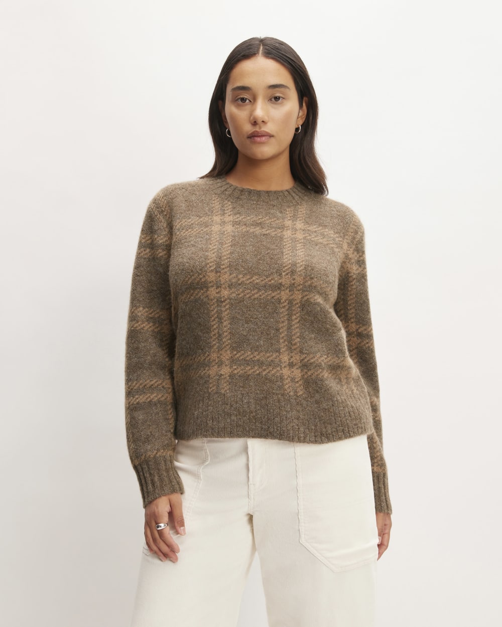 The Alpaca Cropped Crewneck Sweater in Cocoa / Tiger's Eye — front view