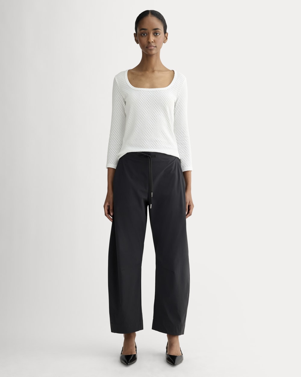 The Pointelle Scoop-Neck Top in White — detail view