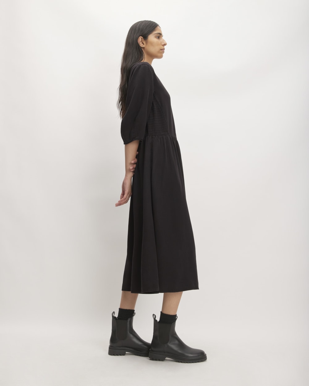 The TENCEL™ Puff-Sleeve Dress in Black — detail view