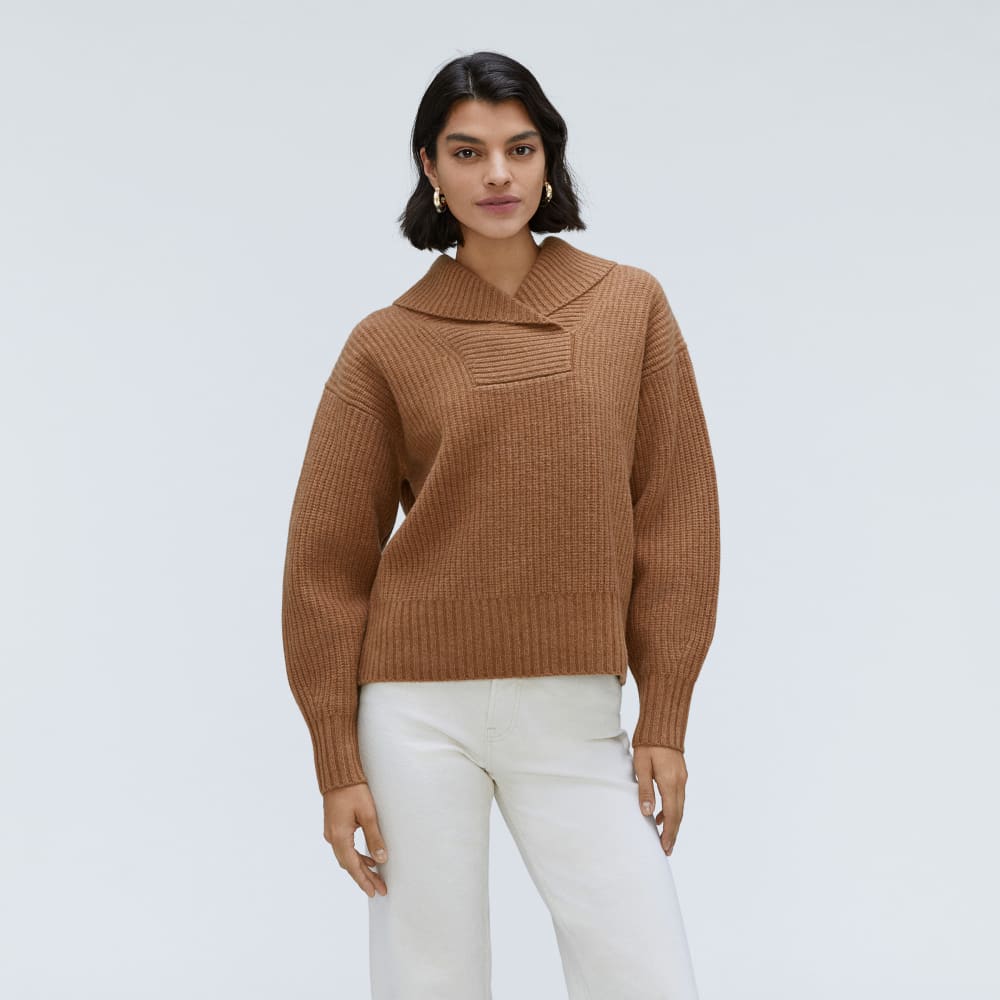 The Felted Merino Shawl Collar Sweater in Deep Camel — front view