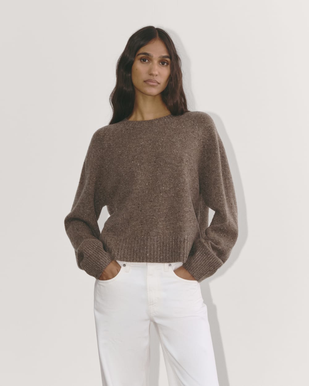 The Boxy Crew in Cashmere in Taupe Brown Donegal — front view
