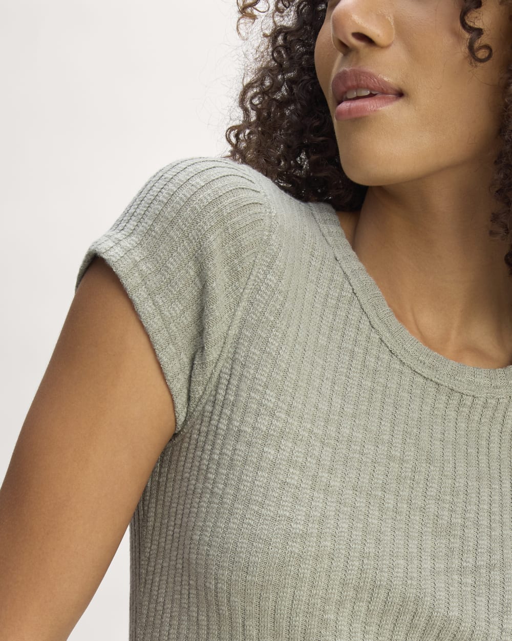 The Cozy Rib Tee in Sage Green — detail view