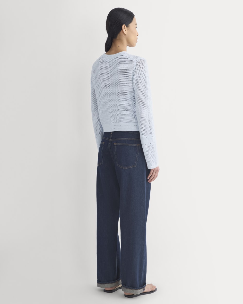 Open Knit Long-Sleeve Crew in Everyday Cotton in Skywriting — detail view