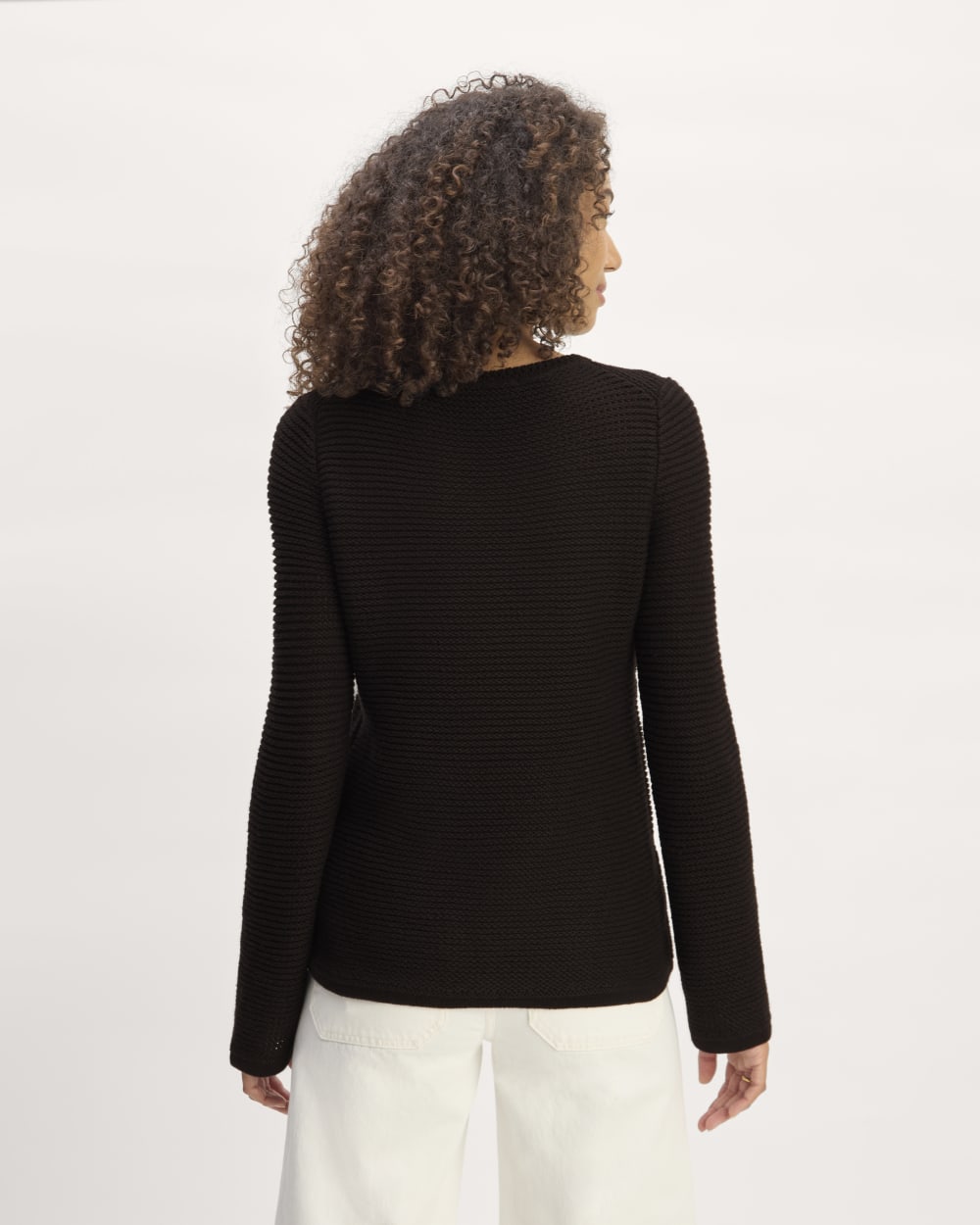 The Organic Cotton Open-Stitch Crew in Black — detail view