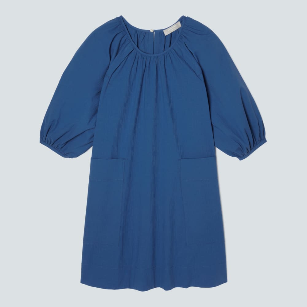 The Seersucker Puff Sleeve Dress in Deep Blue — front view