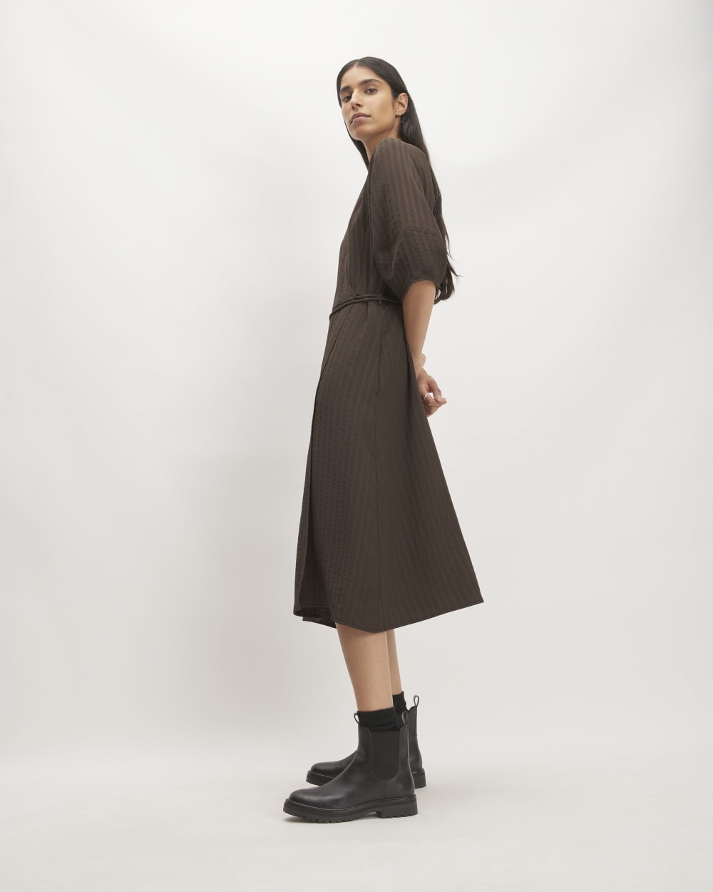 The City Stripe Wrap Dress in Earth Brown — detail view