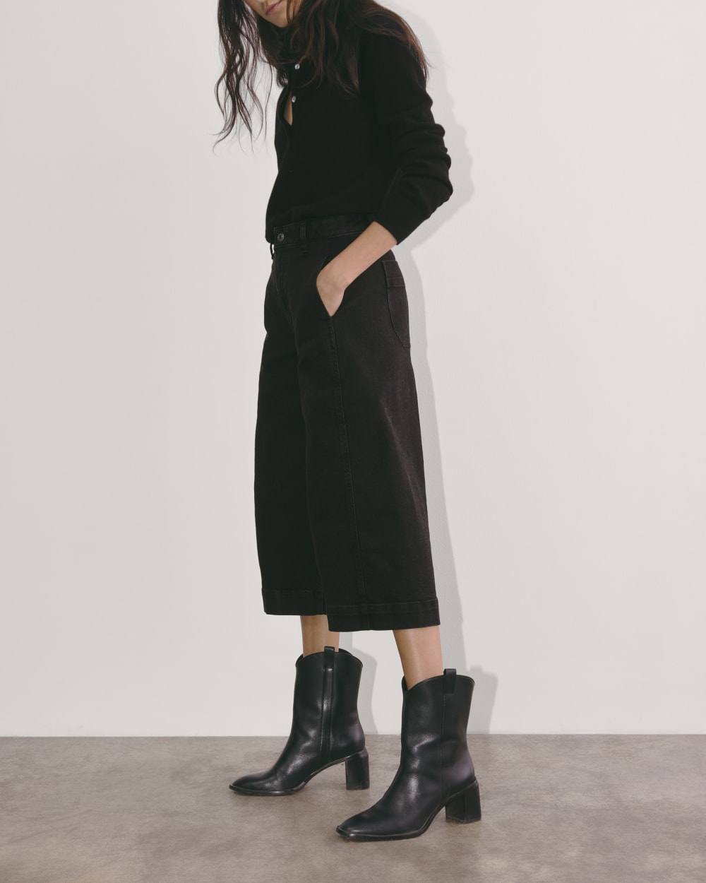 The Denim Culotte in Tumbled Black — detail view