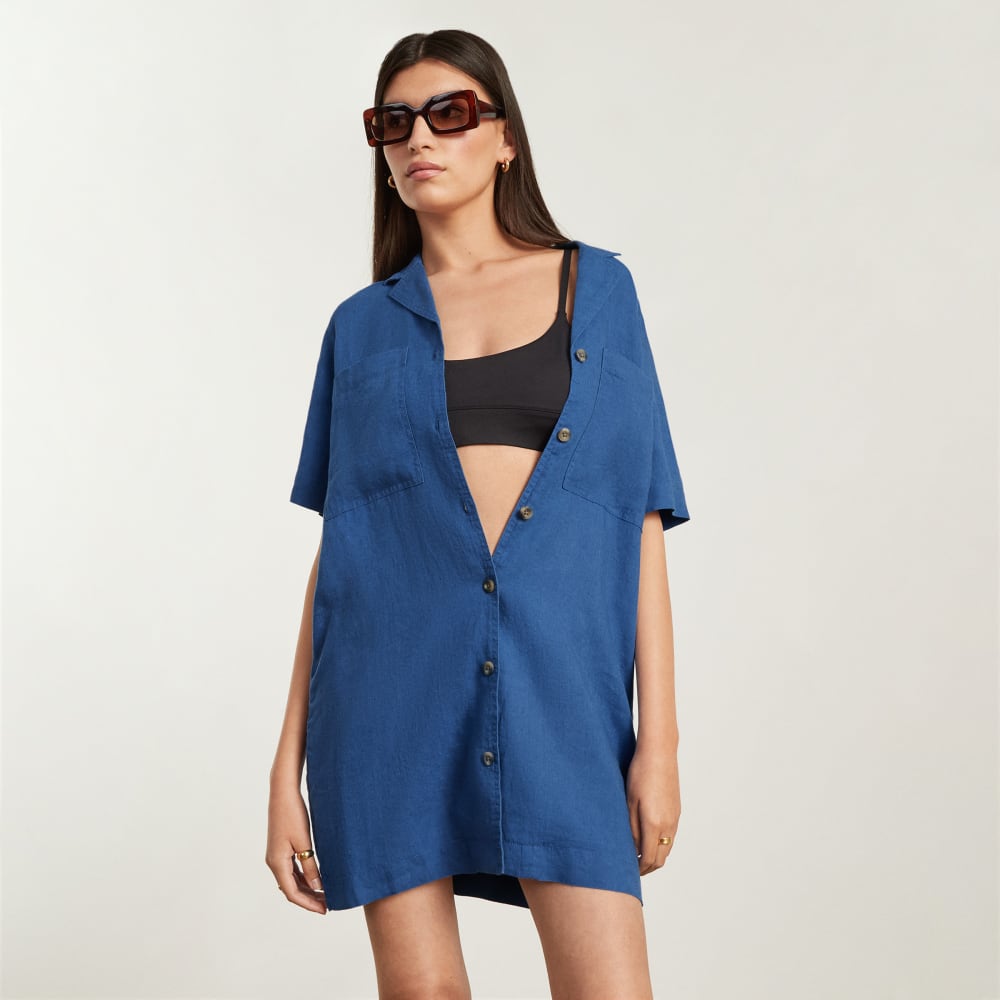 The Linen Workwear Dress in Deep Blue — detail view