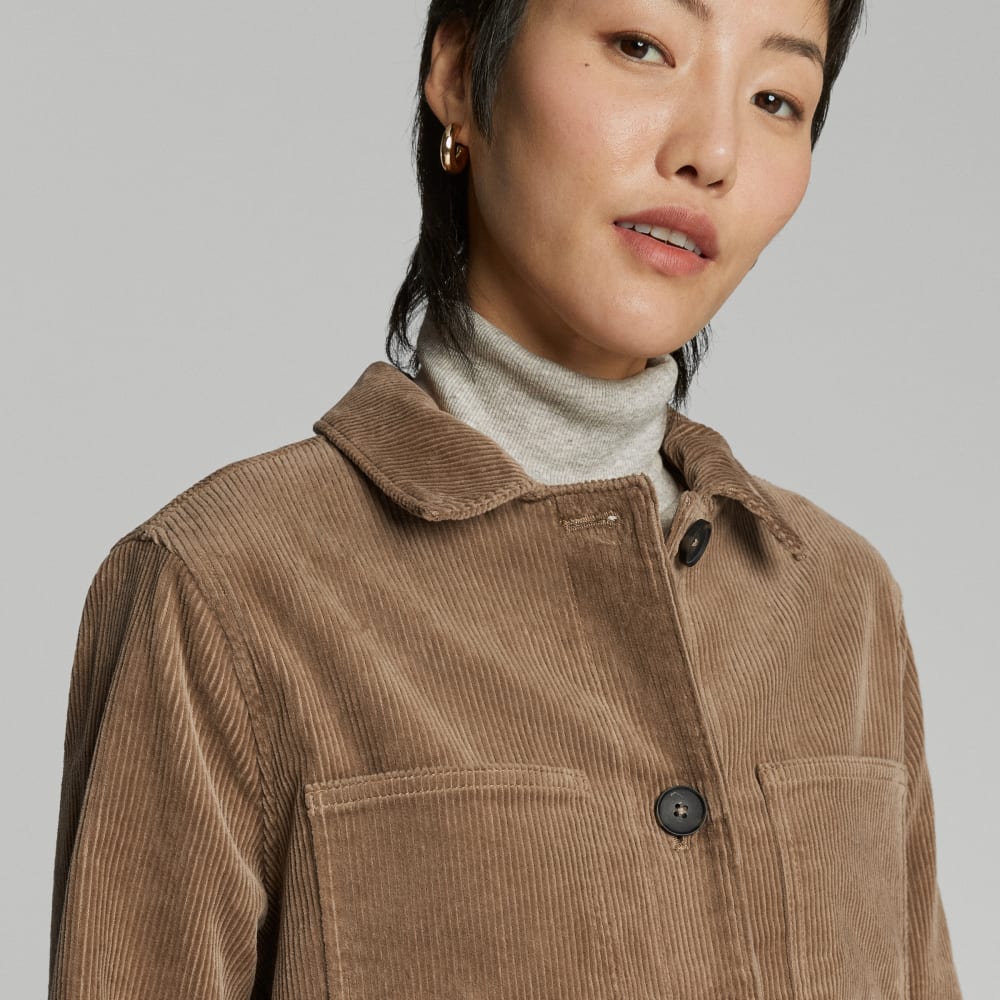 The Corduroy Long Shirt Jacket in Toasted Coconut — detail view