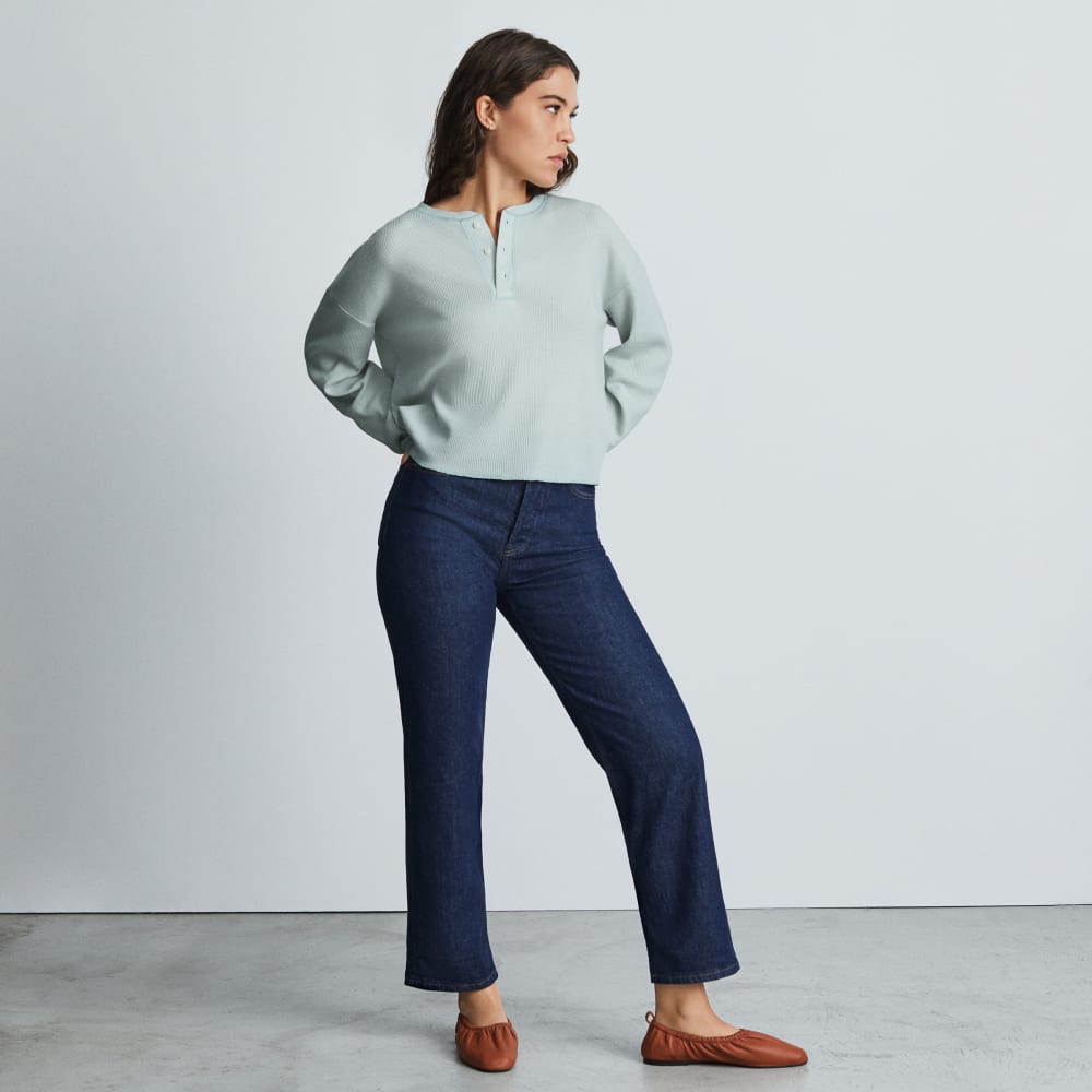 The Organic Cotton Waffle Henley in Ice Blue — detail view