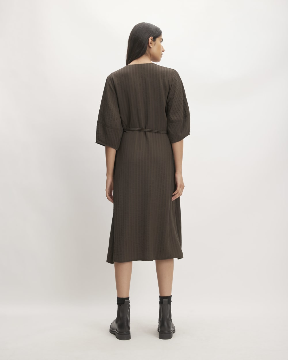 The City Stripe Wrap Dress in Earth Brown — detail view
