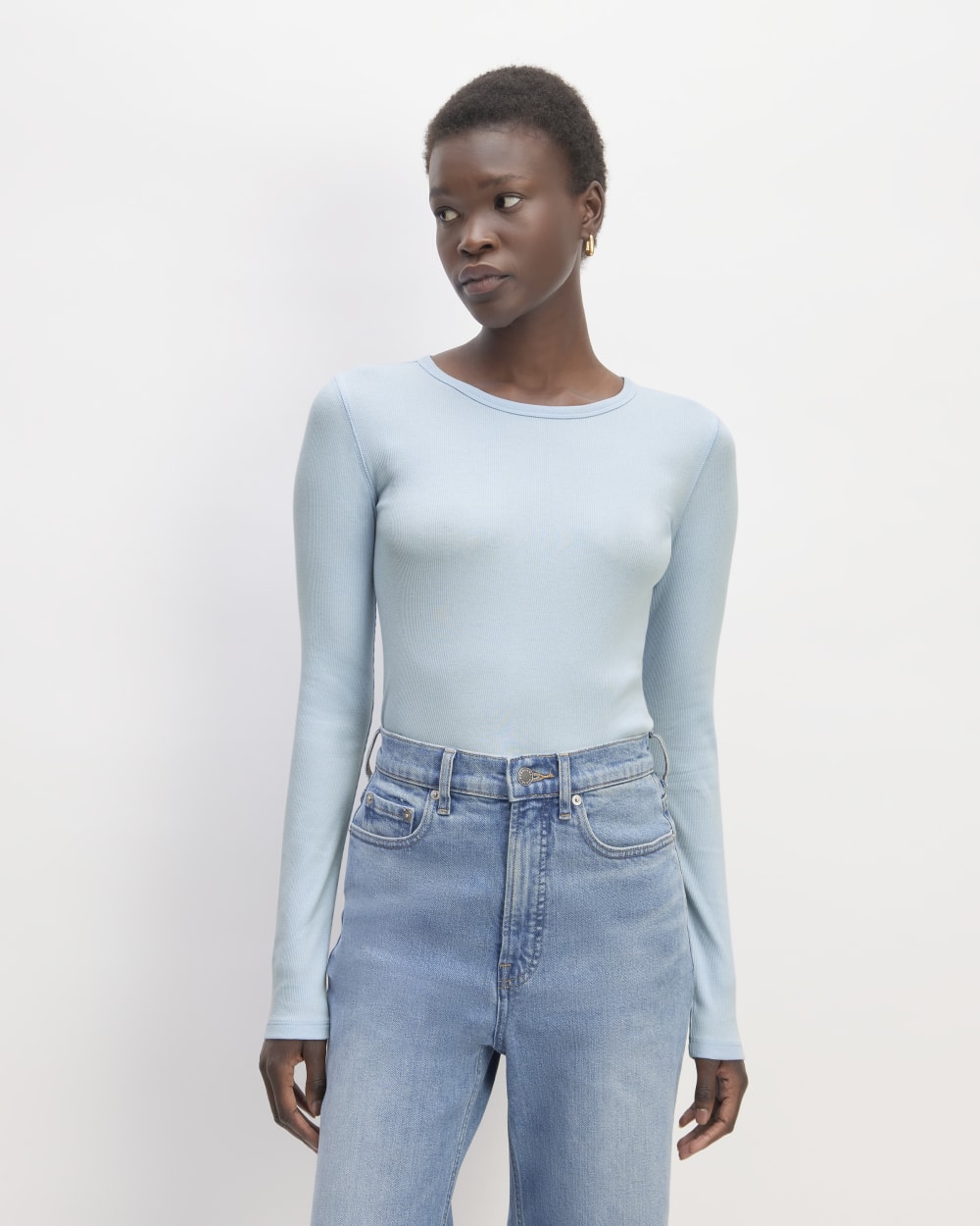 The Luxe Rib Long-Sleeve Crew in Chambray Blue — front view