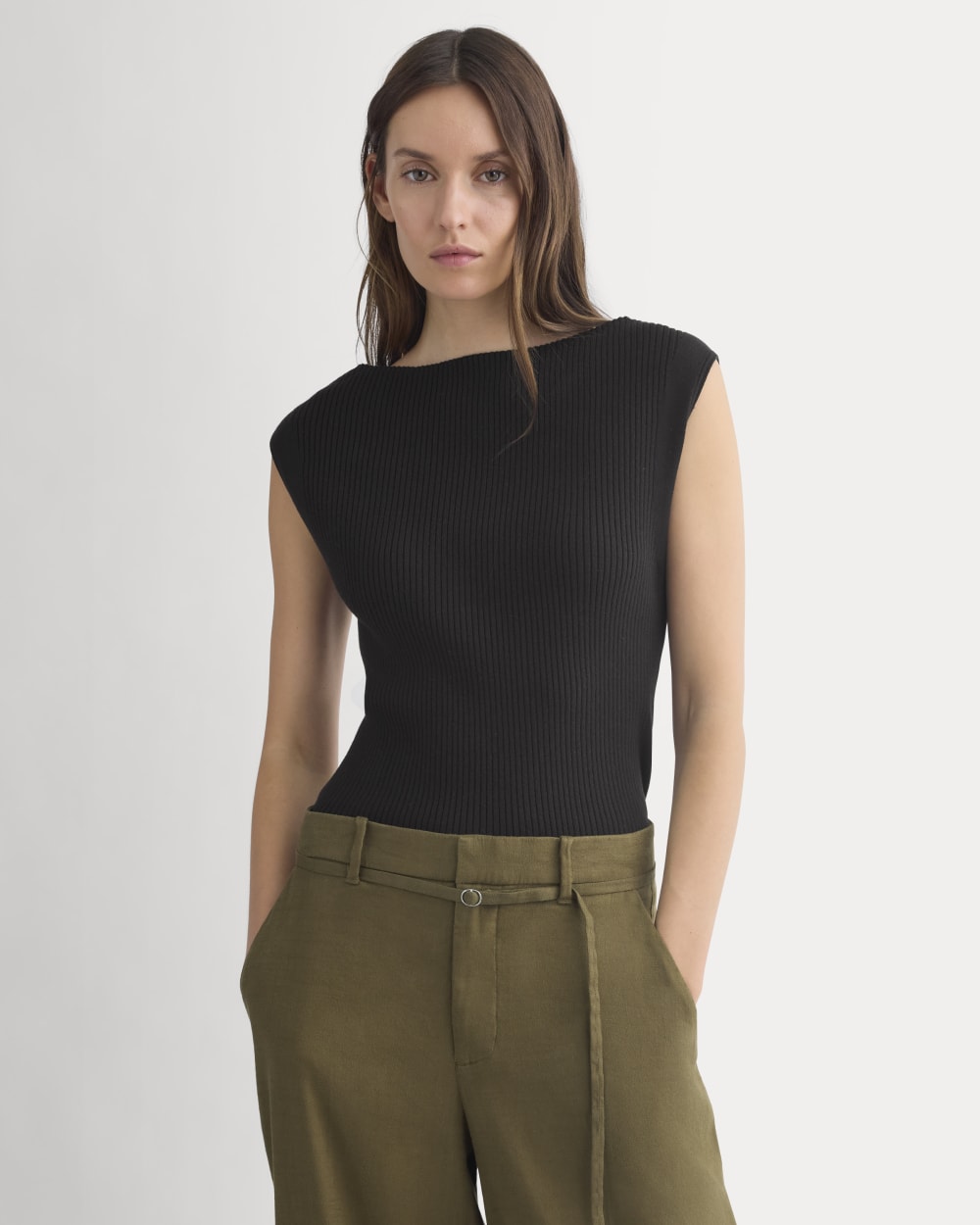 Boat-Neck Ribbed Knit in Black — front view