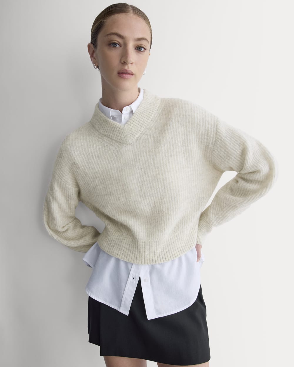 Cropped Cocoon Sweater in Alpaca in Almond — front view