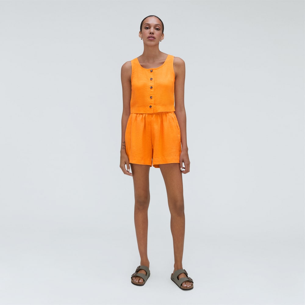 The Linen Button-Front Crop Tank in Turmeric — detail view