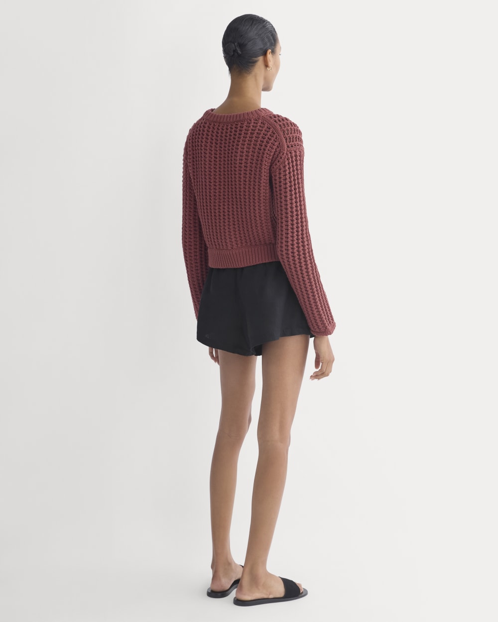 Open-Knit Crew in Elevated Cotton in Henna Red — detail view