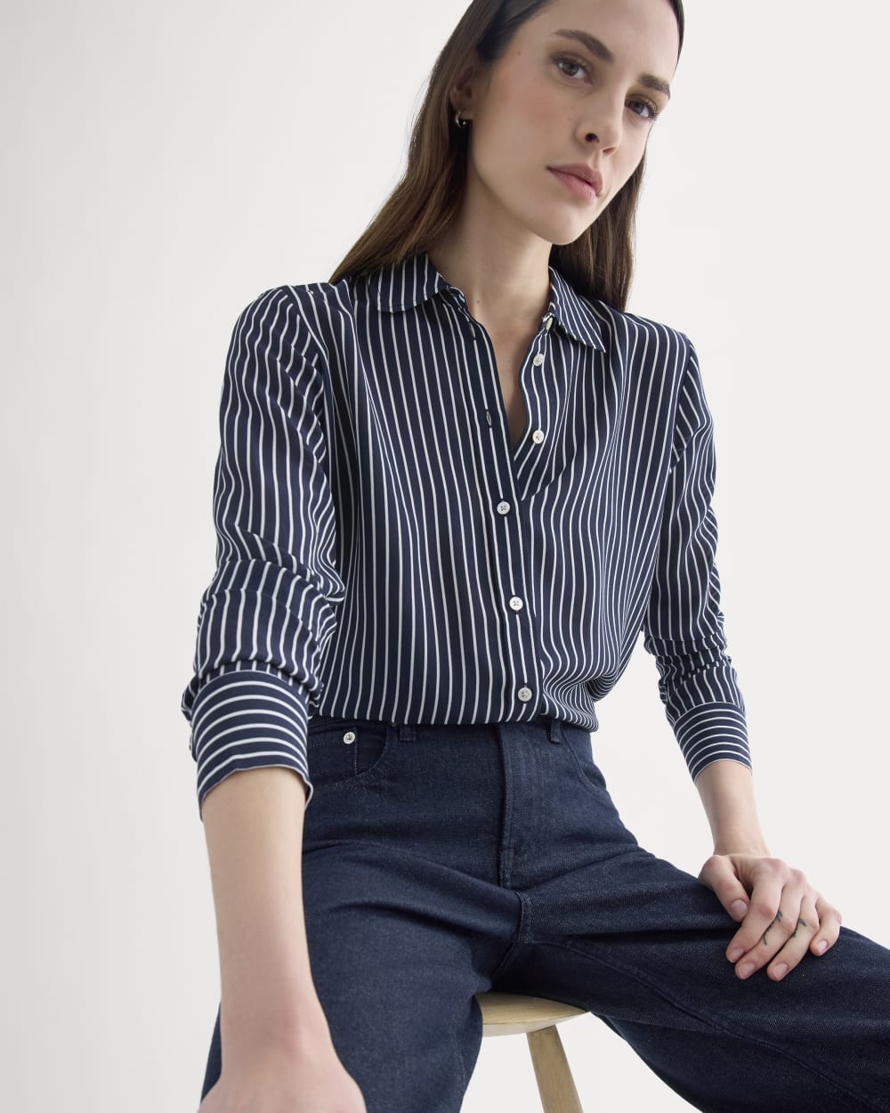 The Must-Have Shirt in Washable Silk in True Navy / Bone Stripe — front view