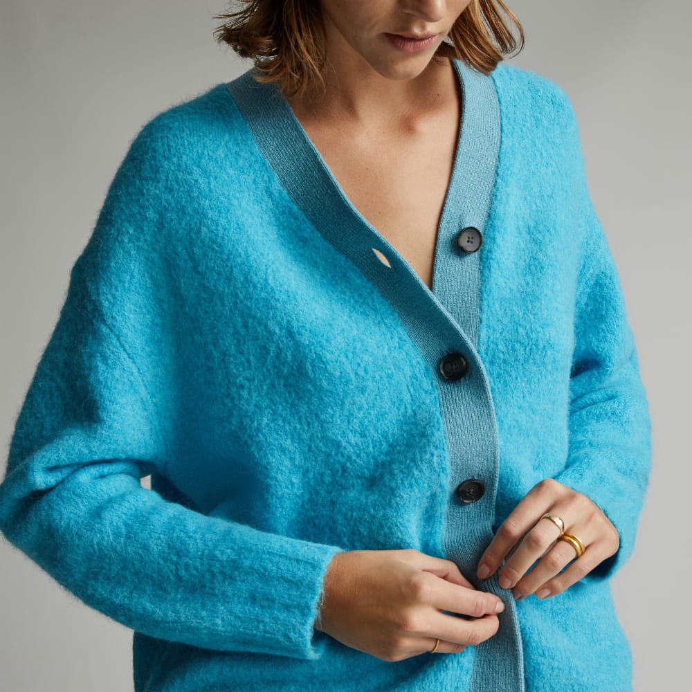The SuperFuzz Alpaca Oversized Cardigan in Blue Atoll — detail view