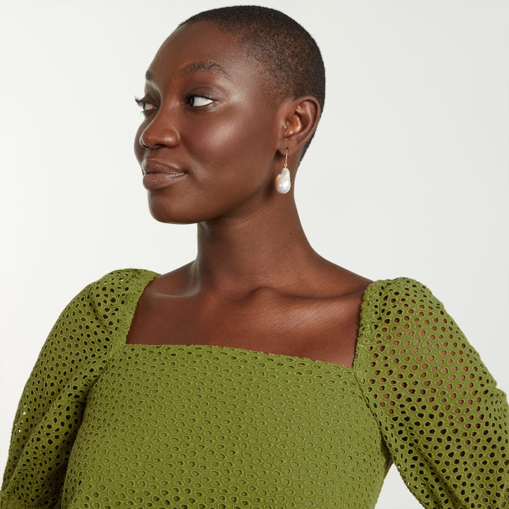 The Eyelet Puff Sleeve Top in Moss — detail view