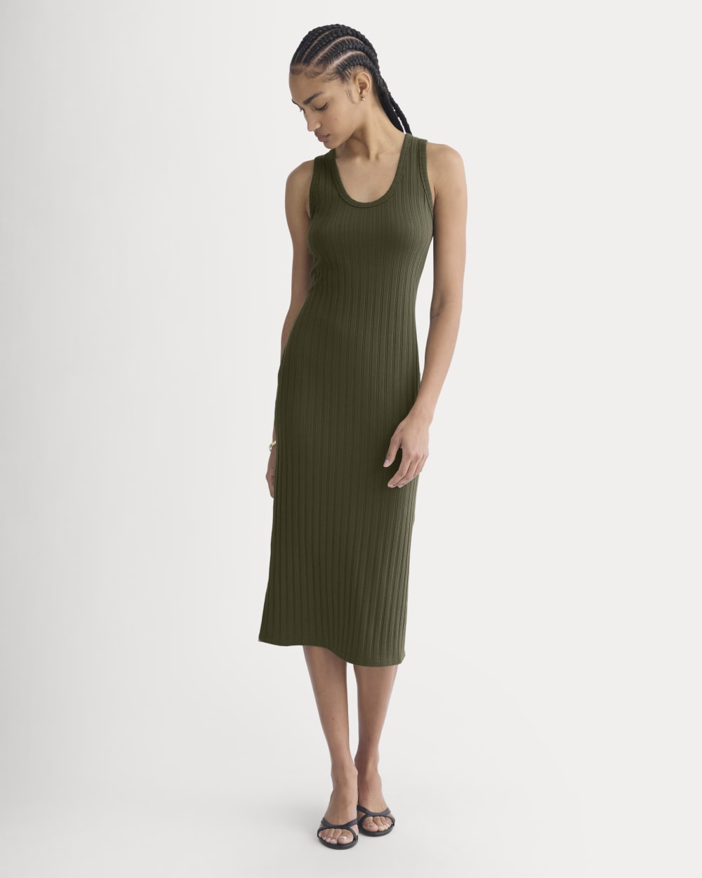 Scoop-Neck Midi Dress in Pointelle Knit in Olive Night — detail view