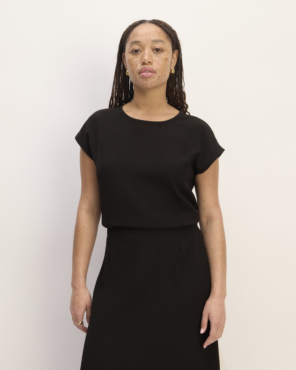 The Mini Jacquard Stripe Top in Black — front view