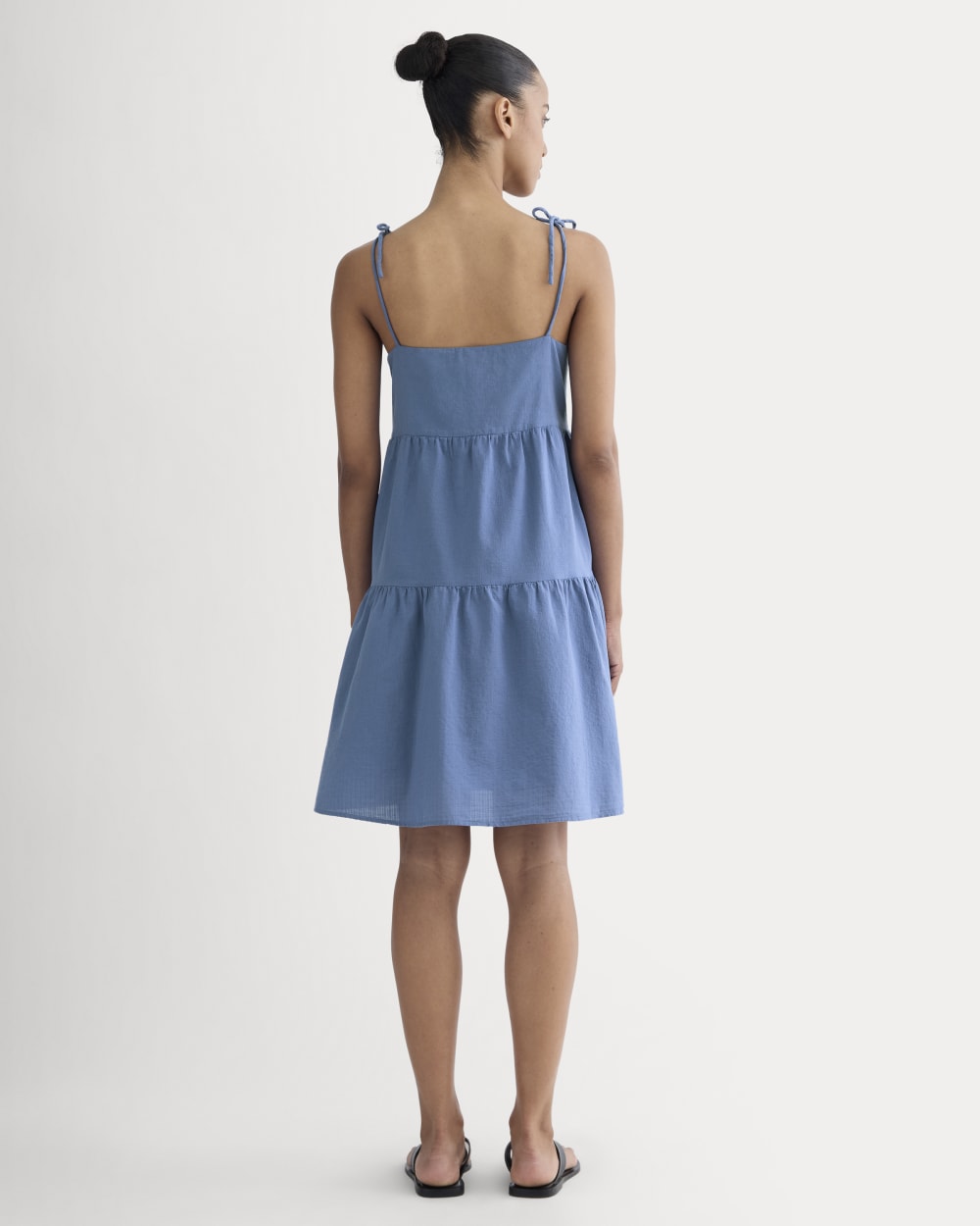 The Gauze Mini Tiered Dress in Soft Cobalt — detail view