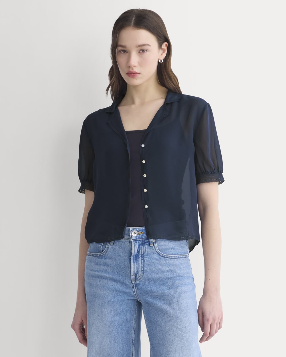 Notch Collar Shirt in Silk Georgette in Navy — front view