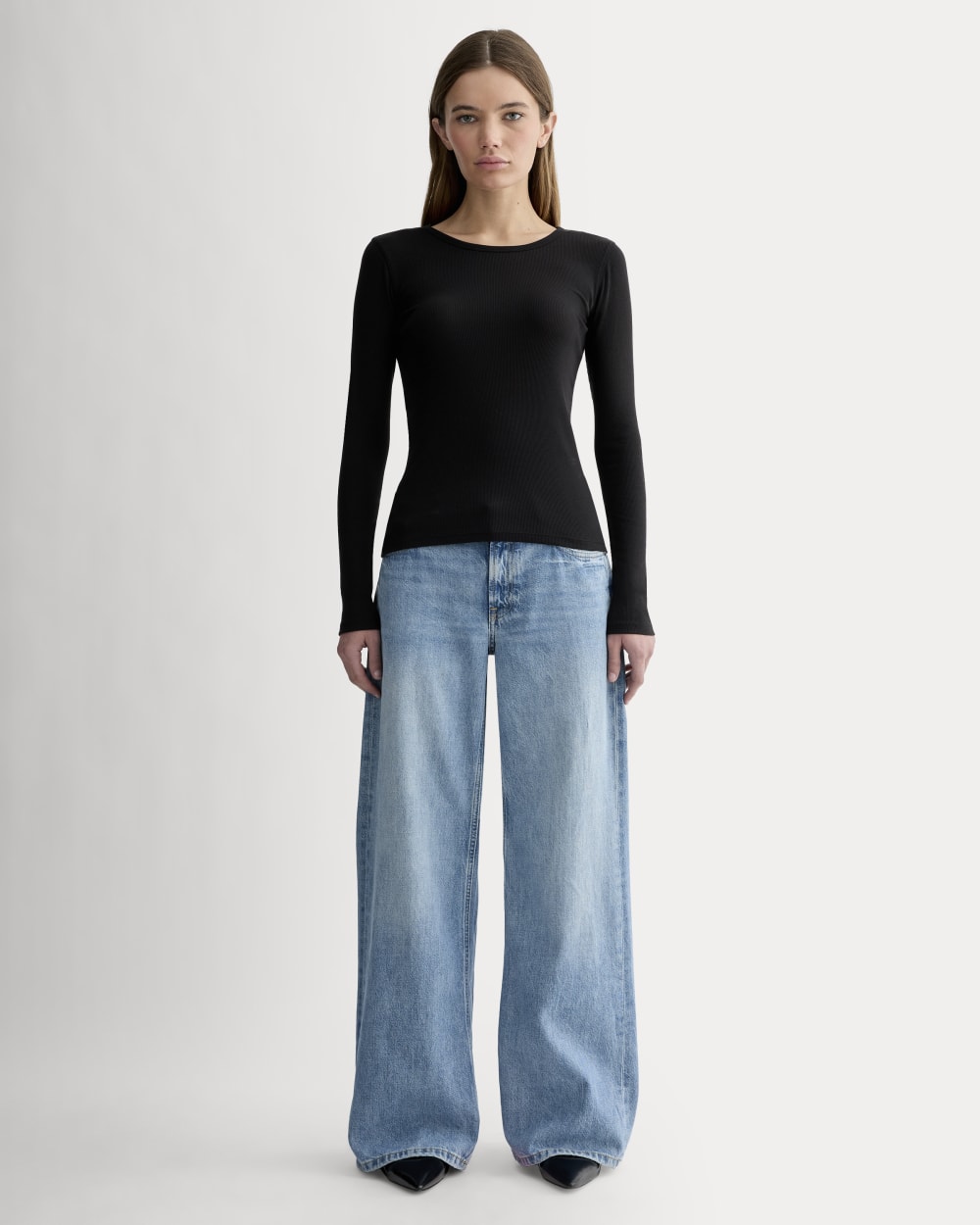 The Luxe Rib Long-Sleeve Crew in Black — detail view