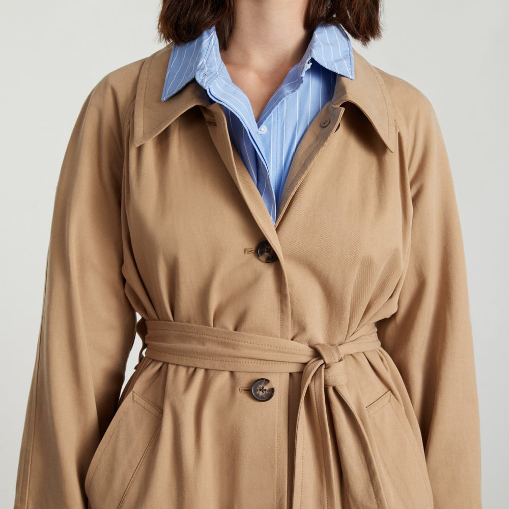 The Gathered Drape Trench in Ash Brown — detail view