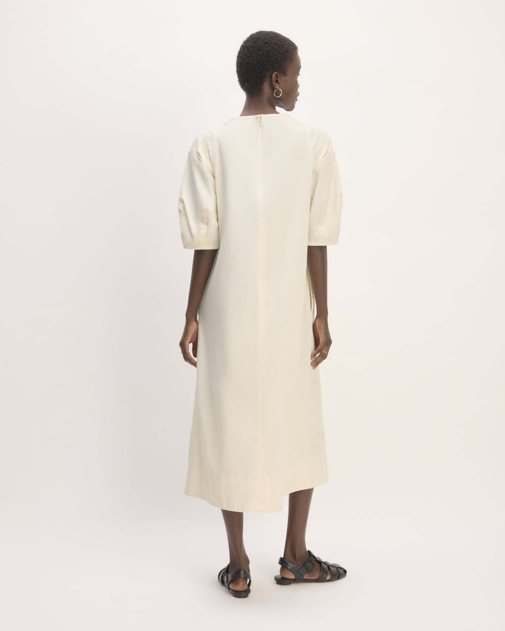The Short-Sleeve Puff Midi Dress in Bone — detail view