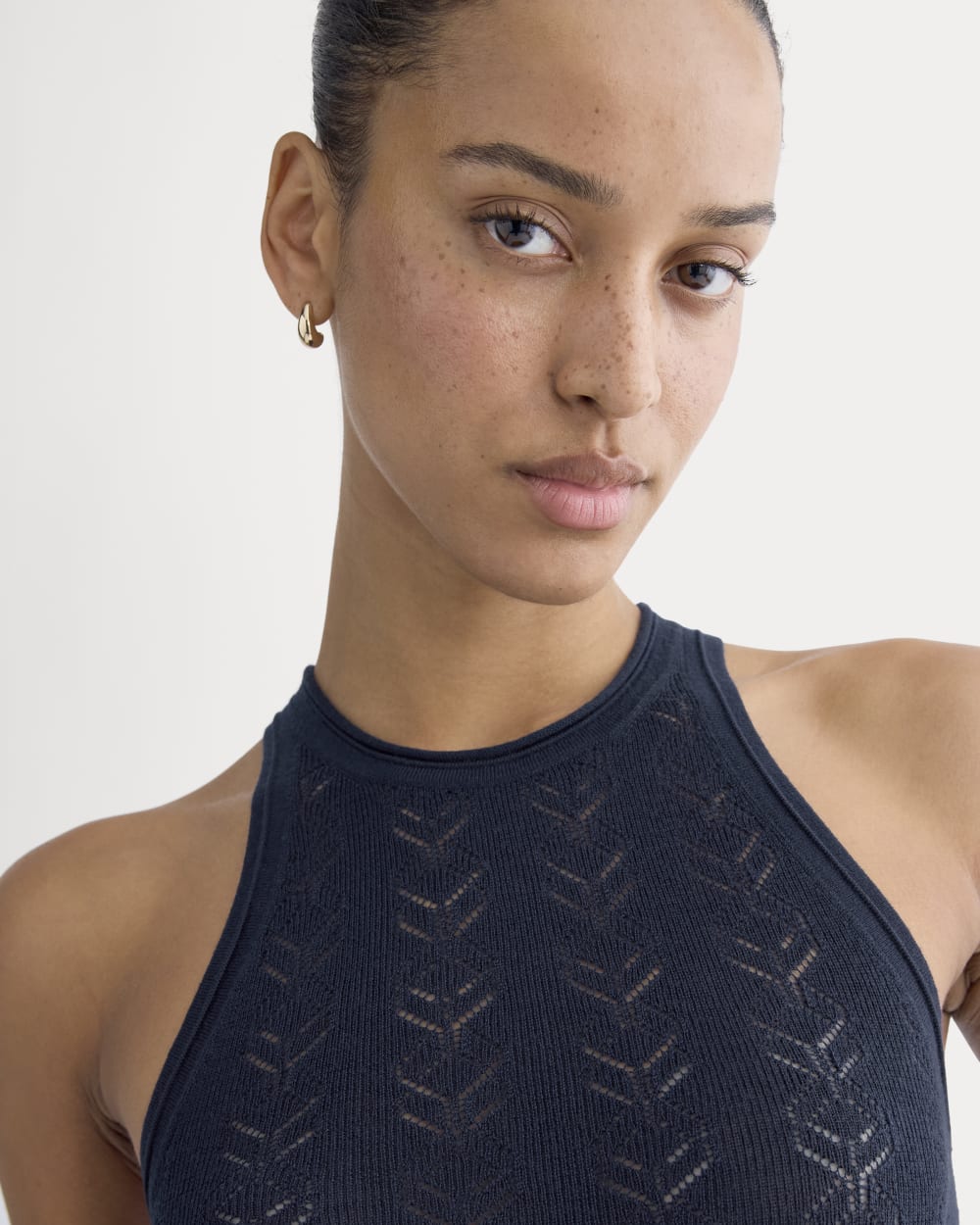 The Pointelle Racerback Tank in Ultrafine Merino in Navy — detail view